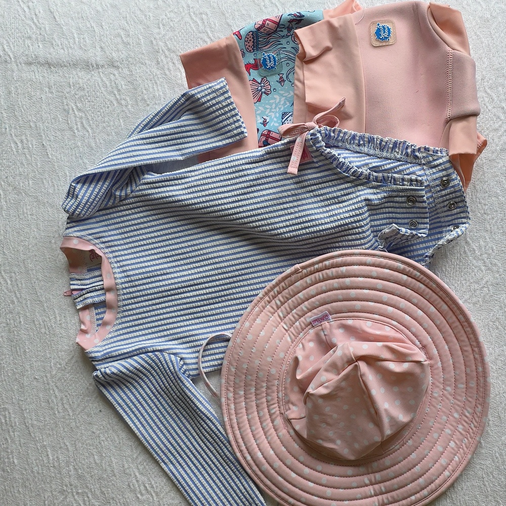 Ruffle Butts Set - Blue Seersucker UPF Swim 6-12 M w/ Hat + 2 Swim Diaper Covers